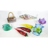 A small quantity of decorative glass including a Murano fish, handbag vase, handkerchief vase, etc.