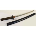 A Japanese wakizashi with shagreen bound grip, pierced petrified iron tsuba, length of blade 46cm,