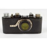 LEICA; a black bodied I camera, serial no.21193, 1926, with Elmar I:3,5 F=50mm lens.