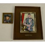 A framed enamel plaque with transferred reproduction of Harlequin after Pablo Picasso,