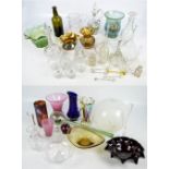 A quantity of decorative glass including a light shade, ship decorated green glass vase, pink vase,