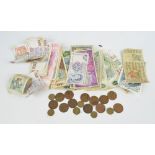 A quantity of European 1960s and 70s bank notes and a small quantity of penny coins.