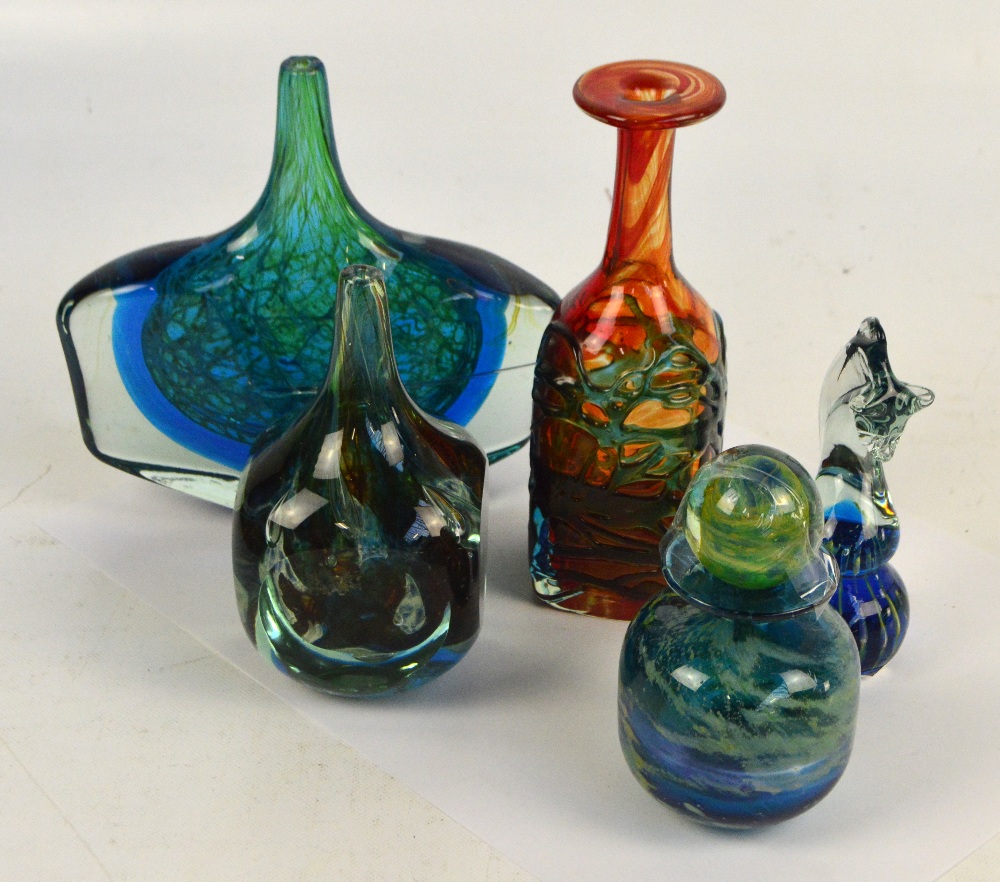 Five pieces of Mdina glass including a red blue overlaid glass decanter,