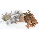 A quantity of coins including Victorian and Edwardian pennies, half pennies, George V shillings,