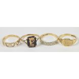 A 9ct gold ring with pierced heart decoration to band, a signet ring with monogram JH,