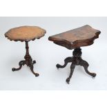A Victorian walnut shaped fold over card table with bulbous support to carved quadripartite