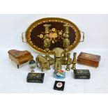 A quantity of collectors' items including two Russian lacquer boxes, a brass piggy bank,