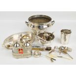 A quantity of electroplated including a galleried tray, a glass consommé and jam set, a tankard,