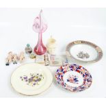 A mixed lot including three jointed dolls, two pieces of mother of pearl, a glass vase,