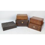 A collection of boxes including a rosewood example with mother of pearl cartouche with hidden