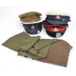 A WWII British peaked cap, three further peaked caps and three scarves.