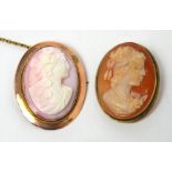 A 9ct rose gold mounted oval cameo brooch with pale pink carved bust of a young woman with flowers