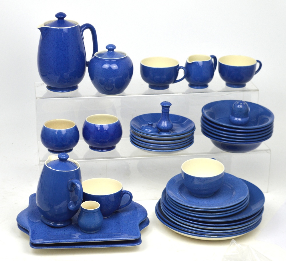 A Moorcroft pottery powder blue part breakfast set comprising coffee pot, small hot water pot,