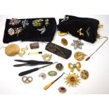 A quantity of costume jewellery to include rhinestone-set brooches, a Stratton compact,