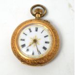 A 14ct Swiss ladies' crown-wind fob watch with enamel courting couple scene to back,