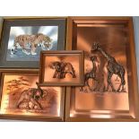 Three contemporary copper-effect wildlife pictures depicting animals in relief to include a giraffe