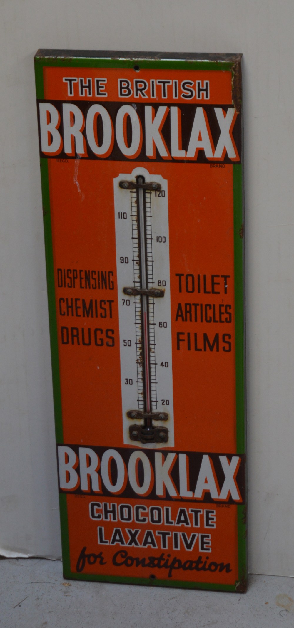 A Brooklax 'Chocolate Laxative For Constipation', enamel sign with integral thermometer,
