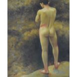 After Henry Scott Tuke; oil on canvas, a naked young man, initialled 'HST' lower-left, 34 x 24cm,
