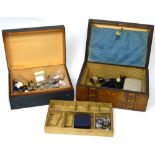 A Victorian inlaid jewellery box for restoration, containing a quantity of costume jewellery,