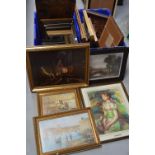 A large quantity of prints, a small oil on board, paintings, watercolours etc, all various sizes,