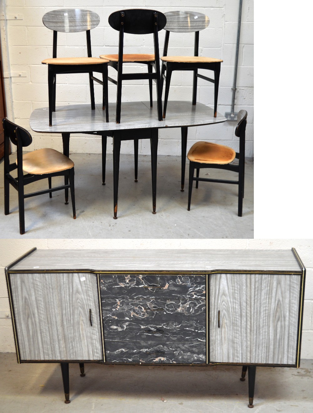 A c1950s grey wood and marble effect sideboard,