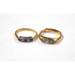 An 18ct gold dress ring, platform set with small blue and white stones,