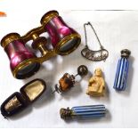 A collectors' lot to include a lacquered brass and dyed mother of pearl bound set of opera glasses