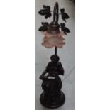 A vintage cut glass bag chandelier and a modern bronze-effect figural lamp with opaque pink glass