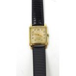 Waltham; a 1940s gentlemen's tank-style wristwatch, square 14ct gold-filled case,