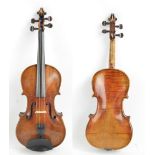 A full size German violin, Stradivarius copy with label, the two-piece back 35.8cm.