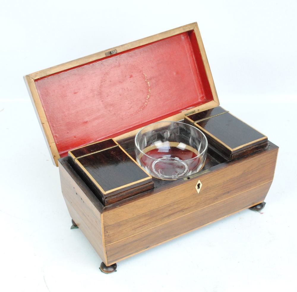 A 19th century rosewood sarcophagus shaped tea caddy on bun feet, - Image 2 of 2