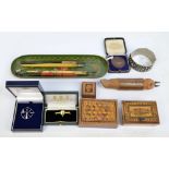 A small group of collectors' items including a Tunbridge ware style stamp box decorated with a