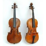 A full size violin, unlabelled, with two-piece back 36cm and a full size violin for restoration,