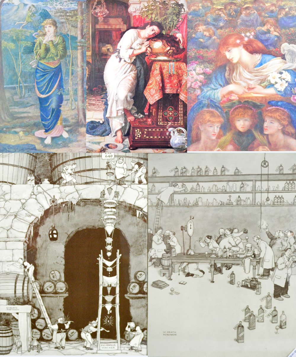 AFTER HEATH ROBINSON; a pair of prints, a print after Rossetti and two further prints,