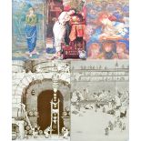 AFTER HEATH ROBINSON; a pair of prints, a print after Rossetti and two further prints,