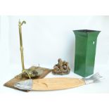 A set of Avery brass bean scales on rectangular wooden plinth, a fish board,