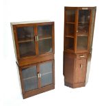 A 1930s oak corner suite of furniture comprising a glazed corner cabinet with presentation plaque