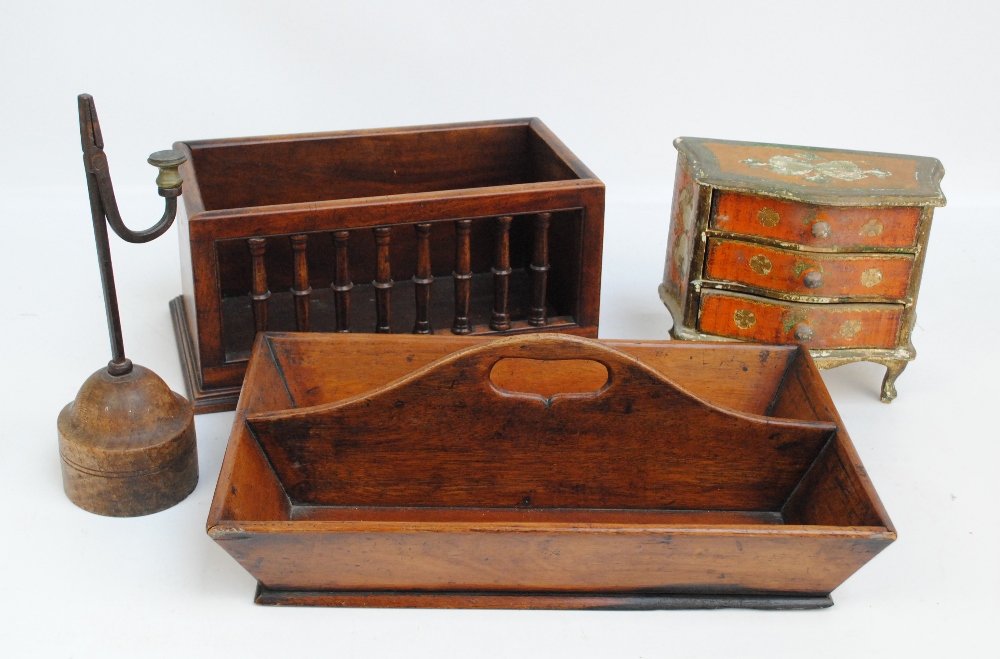 A late George III walnut cutlery tray, a reproduction rush light holder,