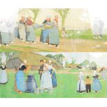 A large pair of early 20th century Dutch prints depicting labourers in landscapes, 40 x 100cm,