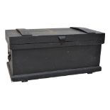 A black painted pine tool chest with hinged top enclosing interior with sections, pull outs,