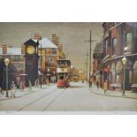 ARTHUR DELANEY (1927-1987); signed limited edition coloured print, figural street scene with trams,