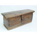 An 18th century continental fruitwood six plank coffer of small proportions, width 74.5cm, (af).
