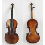 A full size probably German violin indistinctly labelled, the one piece bird's eye maple back 36.