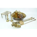 A quantity of mainly brass metalware including a pierced kettle stand, a companion set,