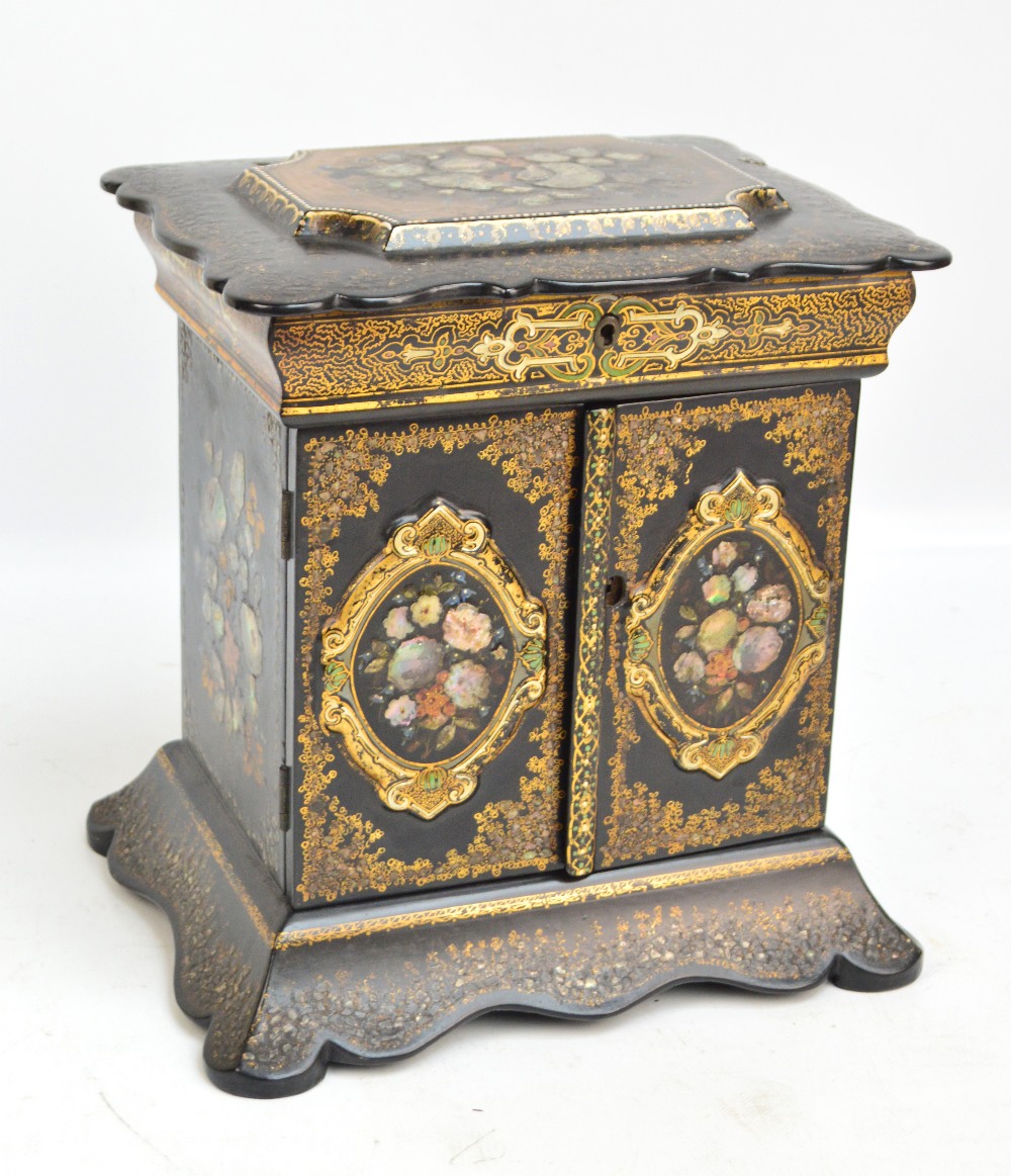 A Victorian papier mâché table top sewing sewing/jewellery casket with gilt heightened and painted