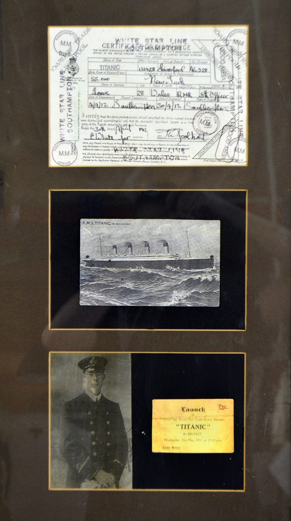 A decorative Titanic montage framed in three sections and glazed.