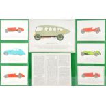 A group of contemporary prints depicting vintage motor vehicles, framed and glazed in three mounts.