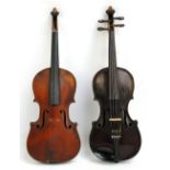 A full size German violin with one-piece back, length 36cm, and another full size violin, length 35.