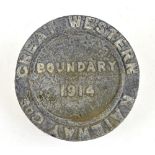 Railway interest; a Great Western Railway circular lead boundary post numbered 1914, diameter 20.