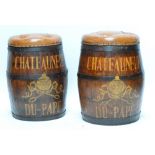 A pair of coopered barrel button upholstered stools, each inscribed 'Chateauneuf du Pape',